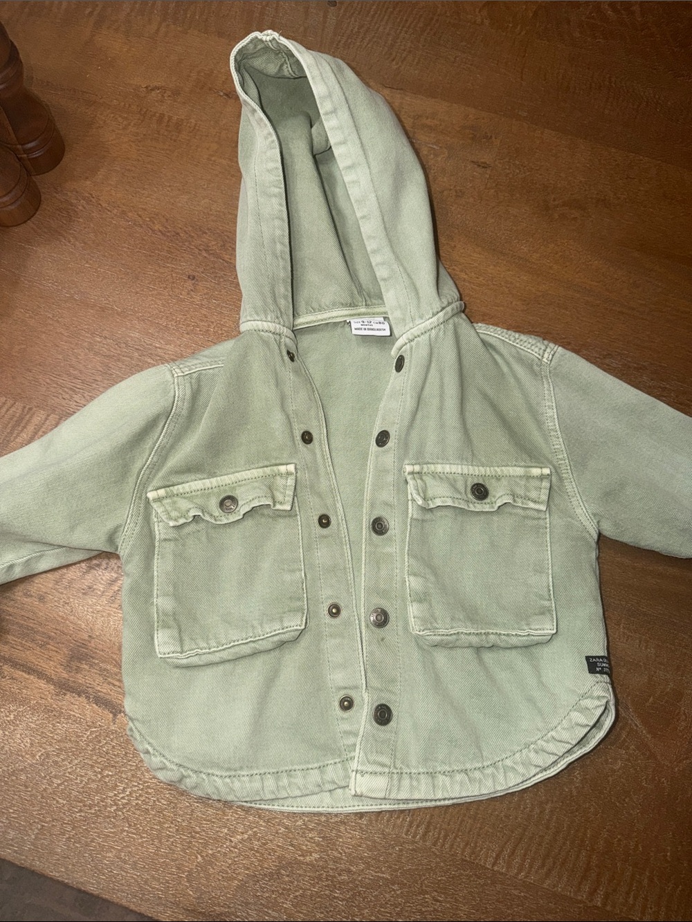 Zara Kids Light Sage Green Hooded Jean Jacket